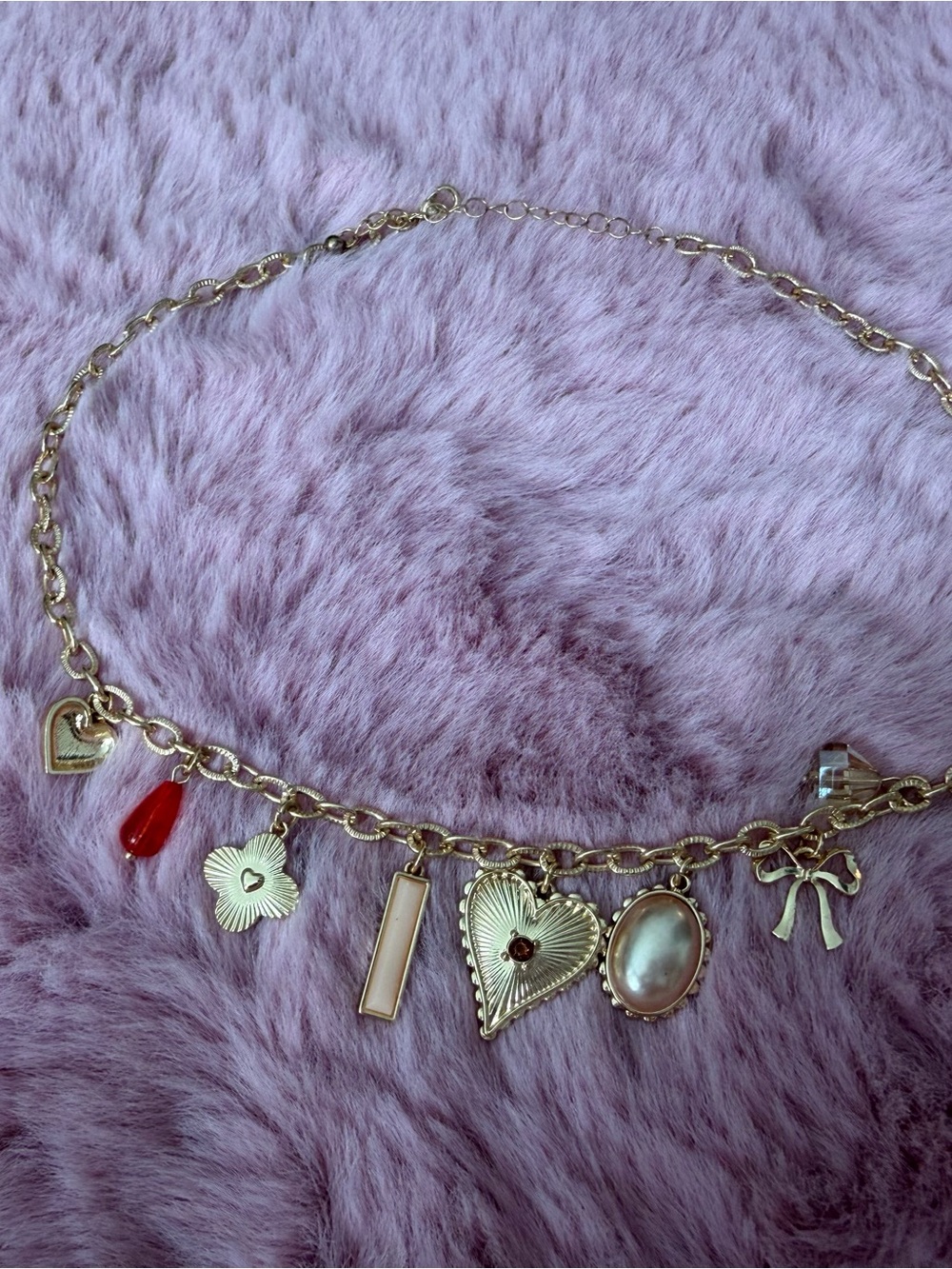 Gold Necklace with Red and pink charms and gold accents 🎀✨